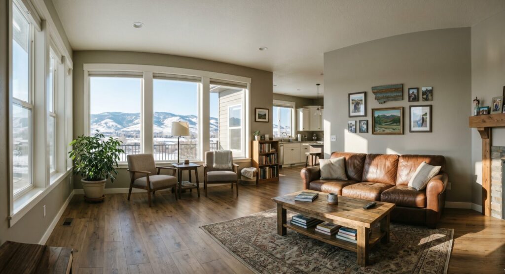 Billings living room with oak engineered hardwood floor and warm greige walls in natural Montana light.