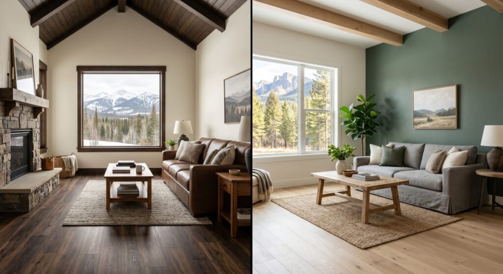 Comparison of dark floor with light walls versus light floor with dark walls in a Montana home design.