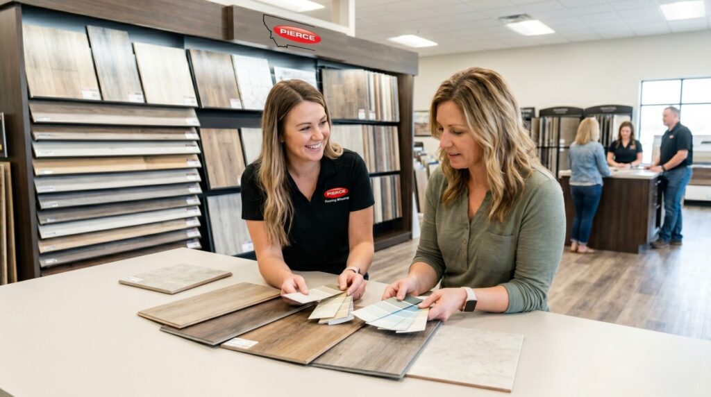 Pierce Flooring design consultant helping Billings homeowner select flooring and paint color combination in showroom.