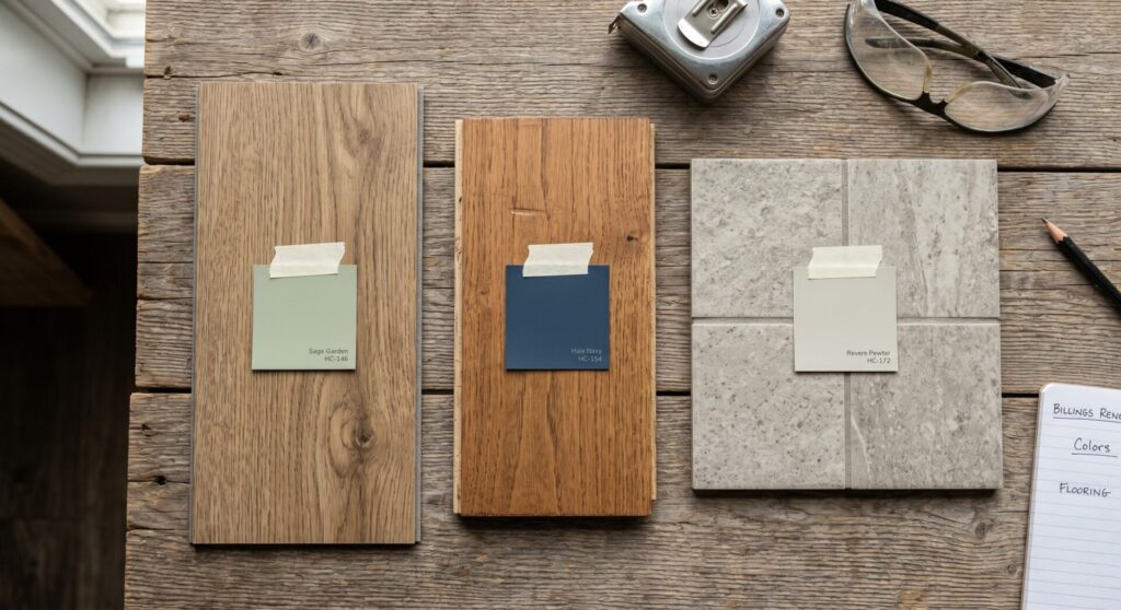 Flooring material samples with complementary paint color swatches for Billings home renovation planning.