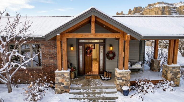 Billings Montana home entryway in winter with worn floor and Rimrocks visible in background