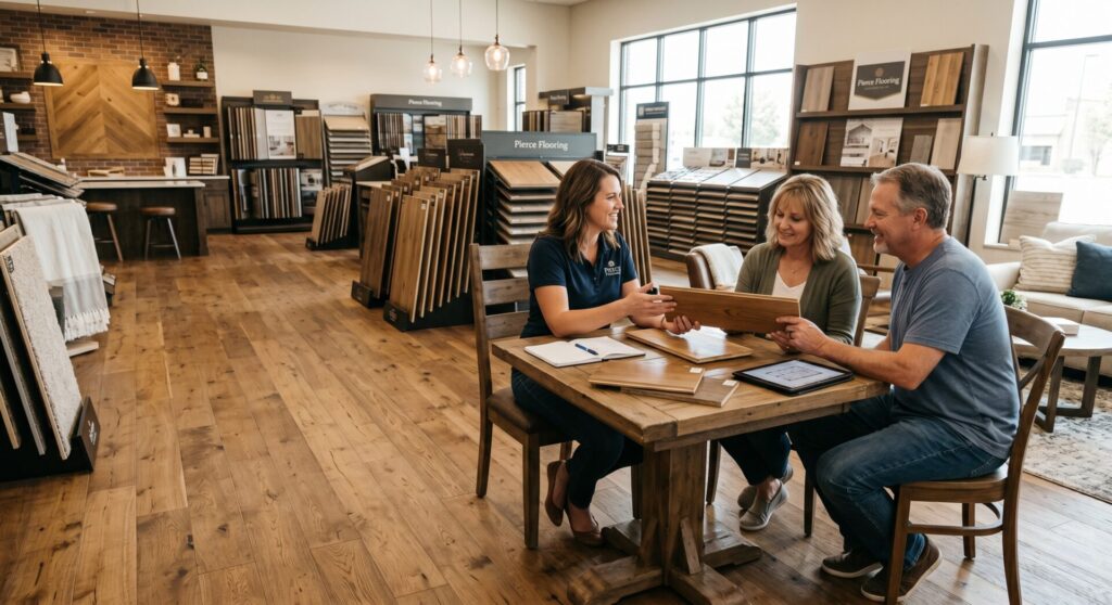 Pierce Flooring Billings showroom interior with project manager consulting homeowner on flooring replacement options
