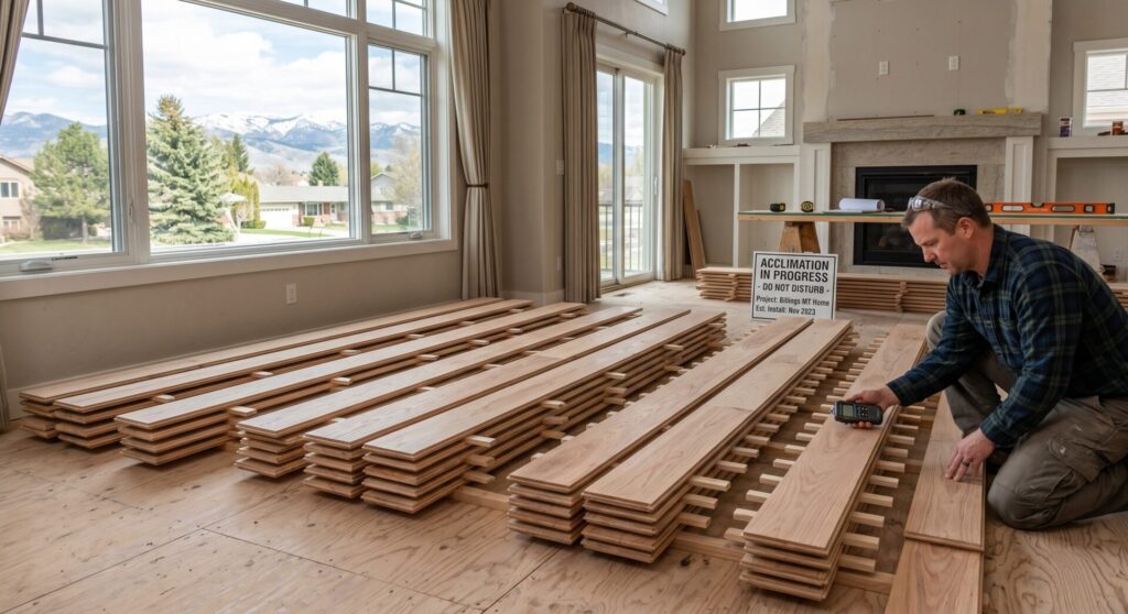 hardwood floor acclimation process Billings MT home stickered boards