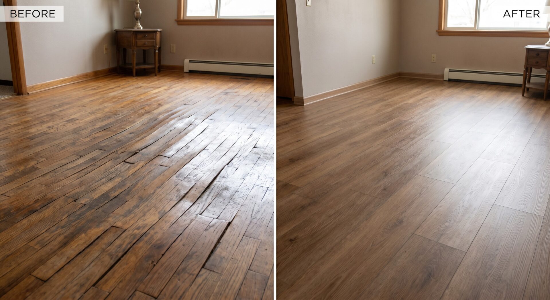Before and after flooring replacement in Billings Montana showing cupped hardwood replaced with luxury vinyl plank