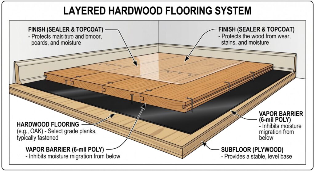 hardwood flooring installation layers diagram subfloor vapor barrier Billings MT