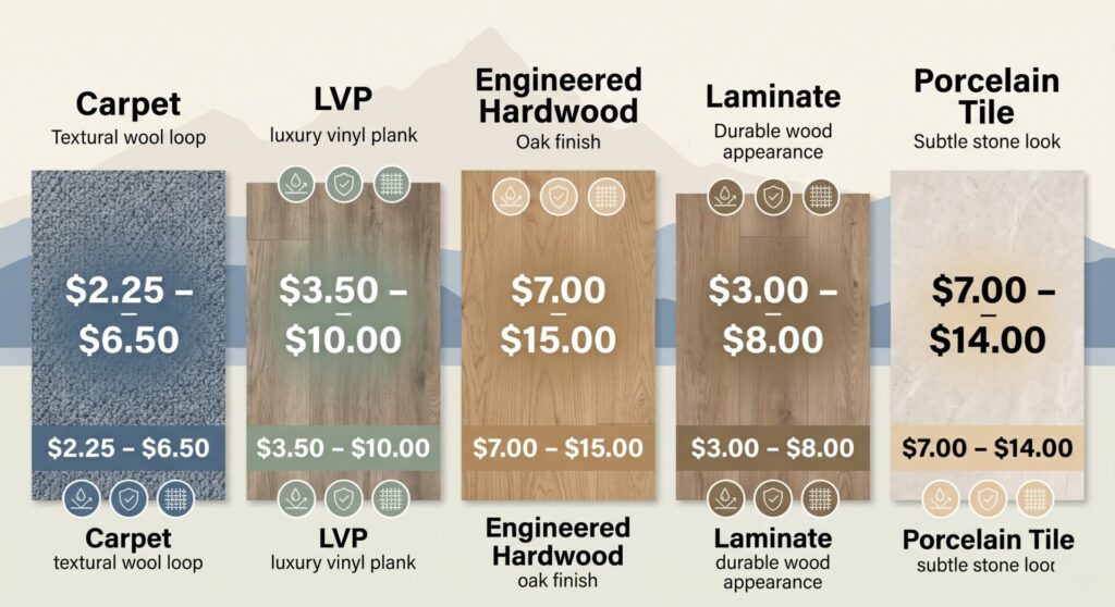 Montana flooring installation cost comparison 2026 showing carpet LVP engineered hardwood laminate and tile price per square foot
