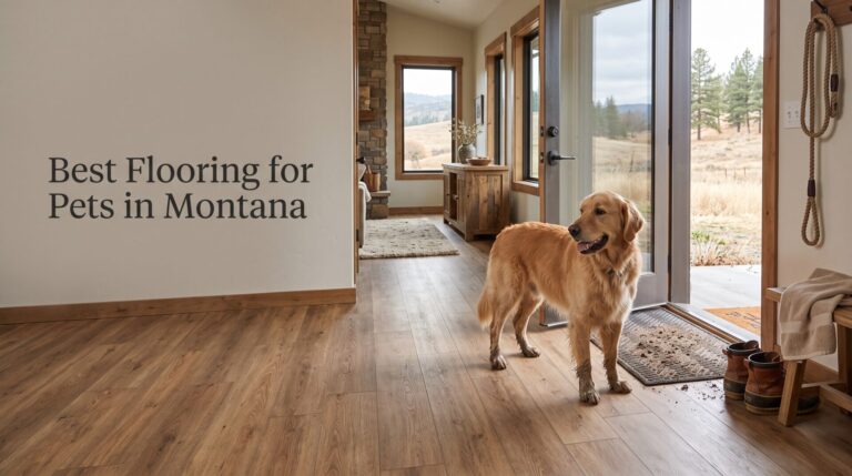 Large dog standing on durable pet-friendly luxury vinyl plank flooring in a Montana home entryway.