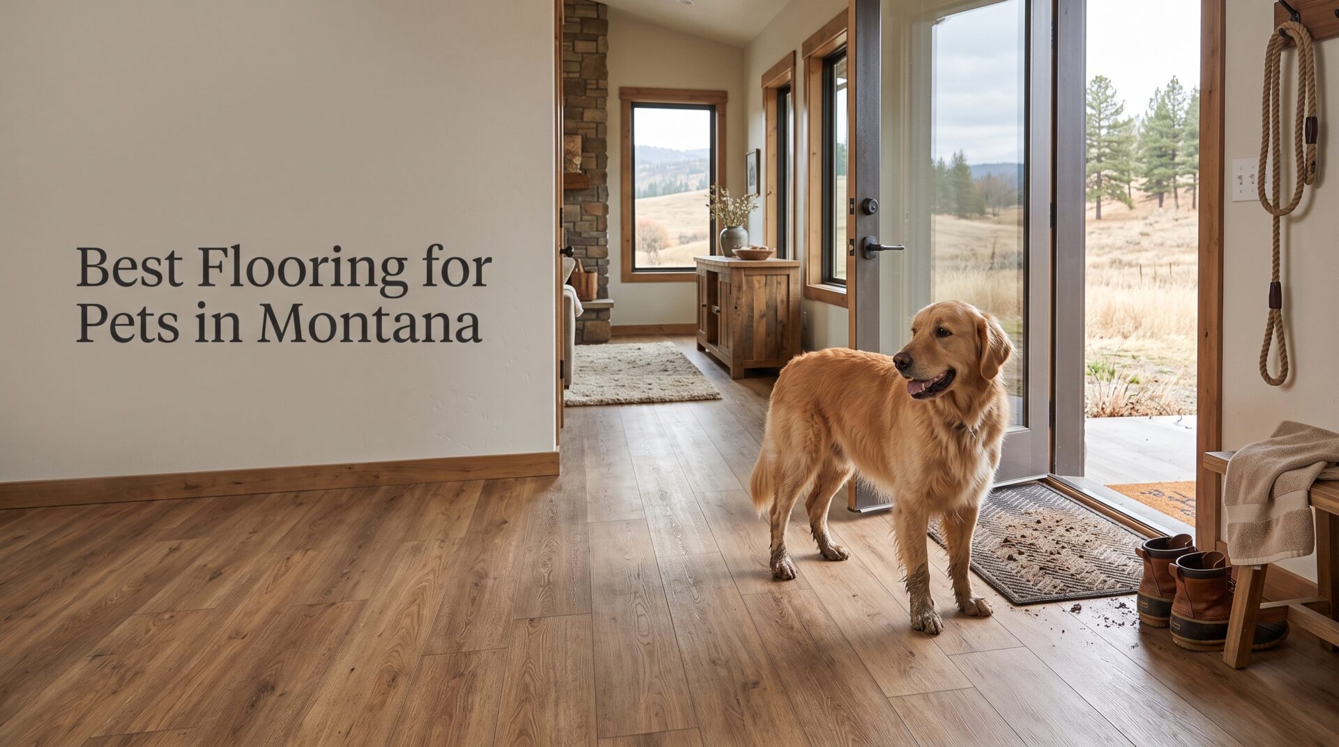 Large dog standing on durable pet-friendly luxury vinyl plank flooring in a Montana home entryway.