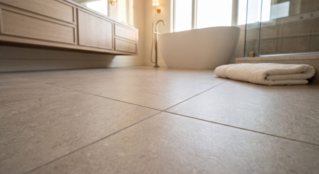 Close-up of warm stone-look large-format porcelain bathroom tile with a matte finish and narrow grout lines in a luxury Bozeman home.