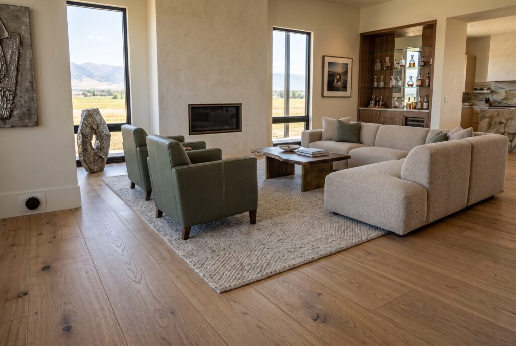 Engineered hardwood installed in a modern Bozeman living room with natural light and Gallatin Valley mountain views.