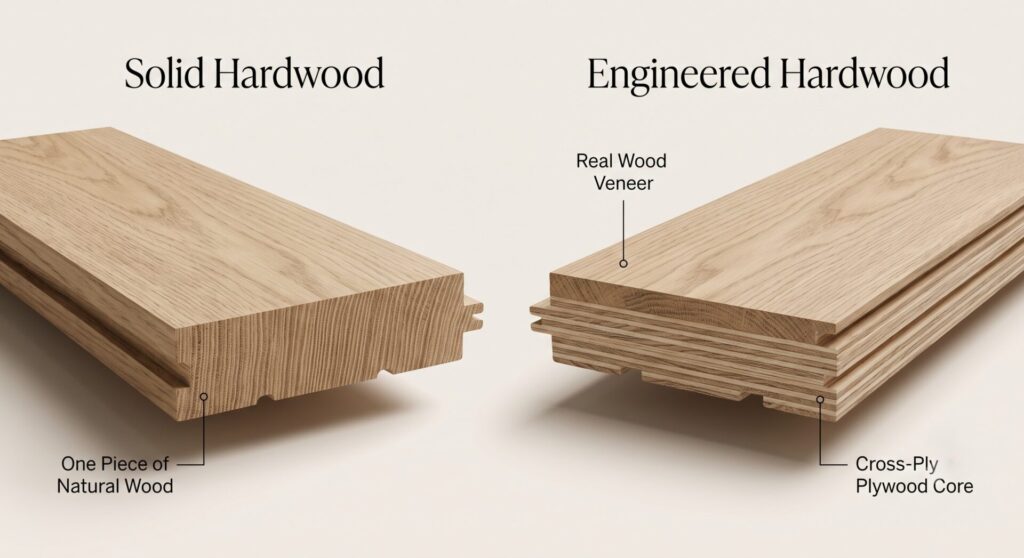 Side-by-side cross-section comparing solid hardwood construction with engineered hardwood’s real wood veneer and cross-ply core.
