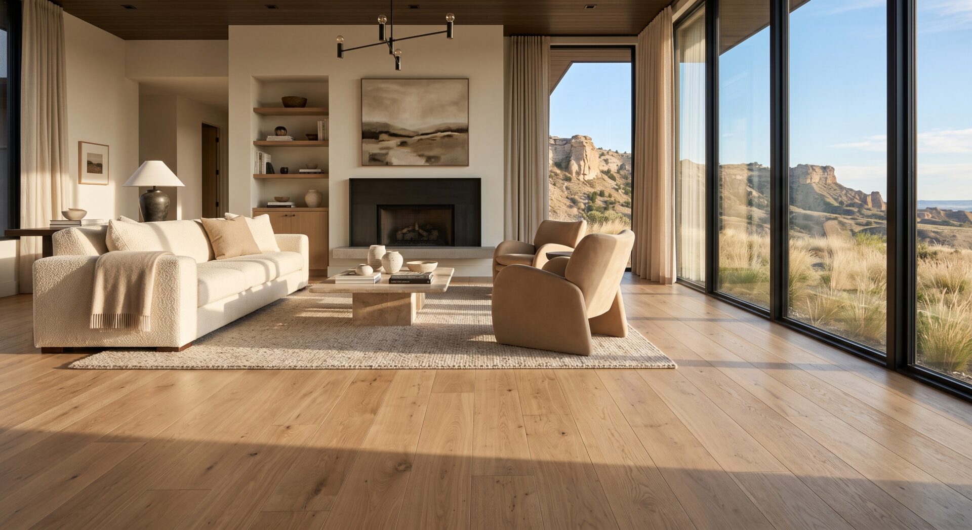 Wide-plank engineered hardwood flooring in a luxury Billings living room with warm natural light and the Montana Rimrocks visible outside.