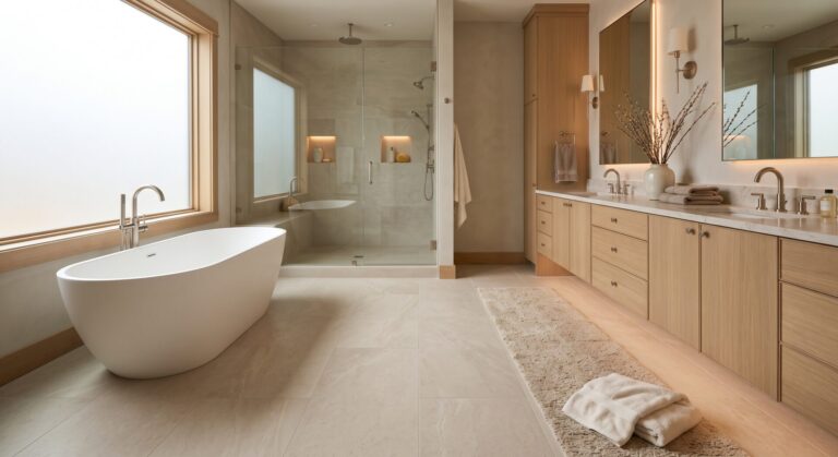 Luxury Bozeman primary bathroom with large-format porcelain tile flooring, minimal grout lines, radiant heat, a white-oak vanity, soaking tub, and frameless glass shower.