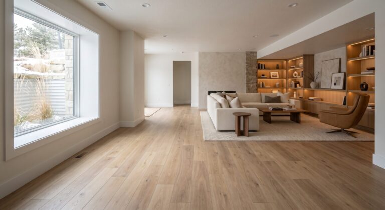 Upscale finished basement in a Billings, Montana home featuring wide-plank SPC flooring, an egress window, built-in bookshelves, a sectional sofa, and a wool area rug.