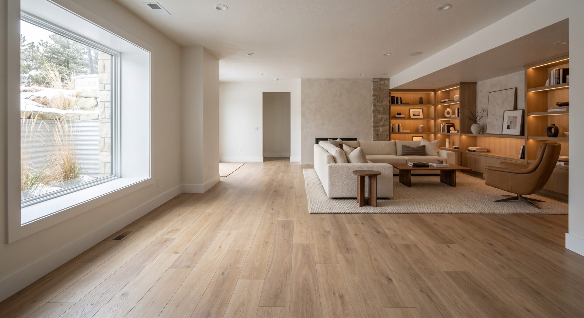 Upscale finished basement in a Billings, Montana home featuring wide-plank SPC flooring, an egress window, built-in bookshelves, a sectional sofa, and a wool area rug.