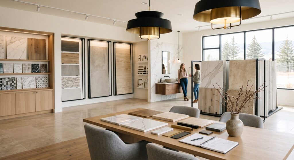 Upscale Bozeman flooring showroom with large-format porcelain tile, natural-stone displays, custom sample cabinetry, and a luxury design consultation area.