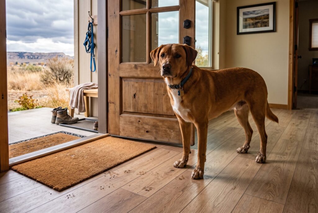 Large dog with muddy paws standing on matte luxury vinyl plank flooring in a Billings, Montana home entryway.