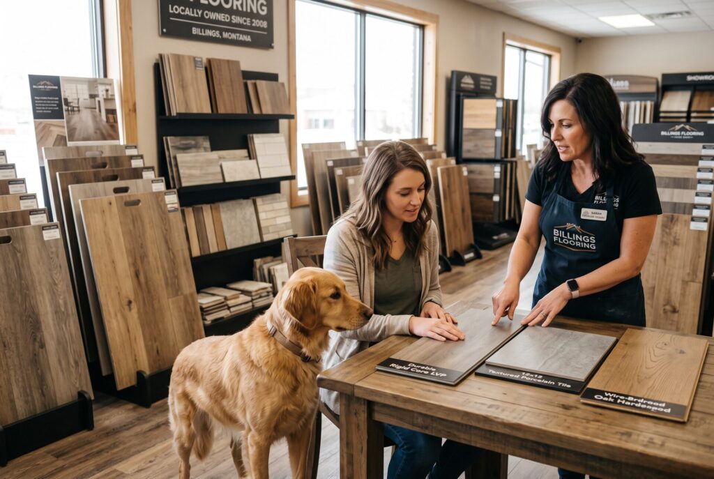 Customer with a dog comparing LVP, hardwood, and tile samples inside a Billings flooring showroom.