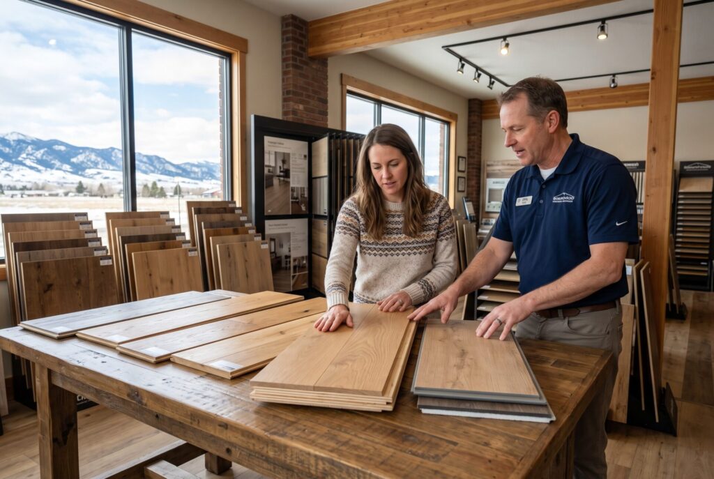Customer comparing engineered hardwood and SPC luxury vinyl plank samples inside a Bozeman flooring showroom.