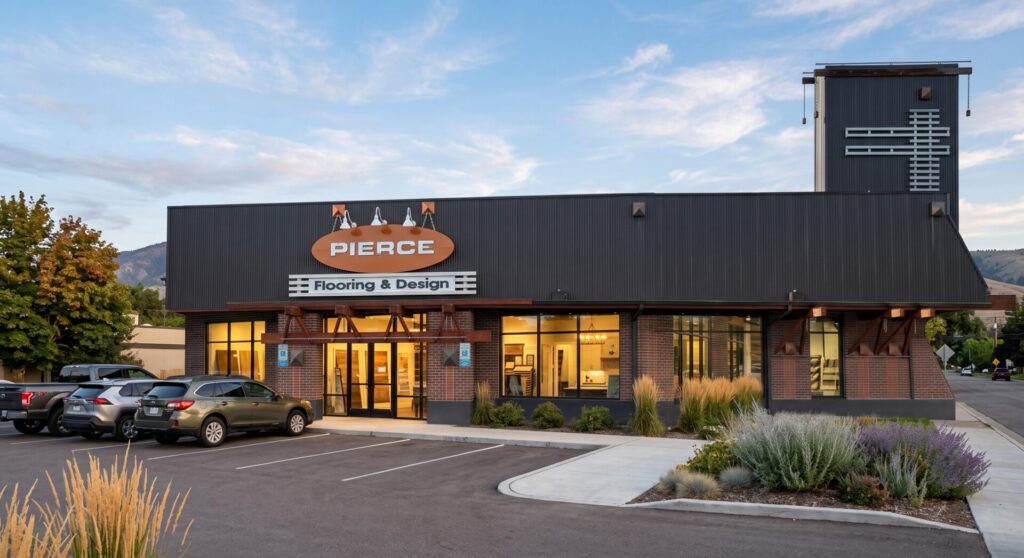 Pierce Flooring and Cabinet Design Center exterior on Brooks Street in Missoula, Montana, with landscaped grounds and the Rattlesnake Hills in the distance.