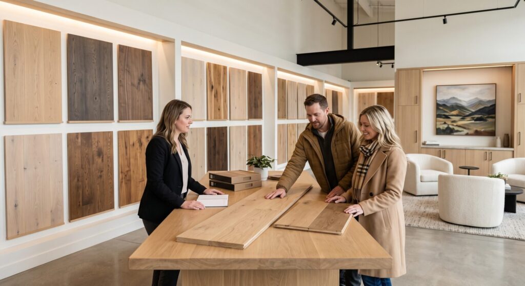 Premium engineered hardwood displays inside a sophisticated Billings flooring showroom prepared for a personalized design consultation.
