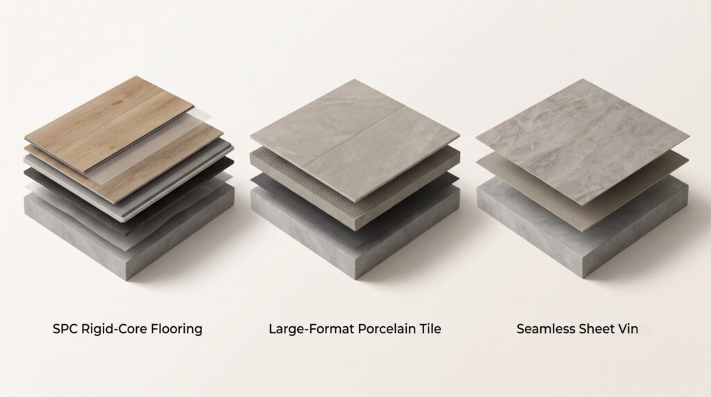 Cutaway comparison of SPC flooring, porcelain tile, and sheet vinyl installation systems for moisture-prone Montana basements.