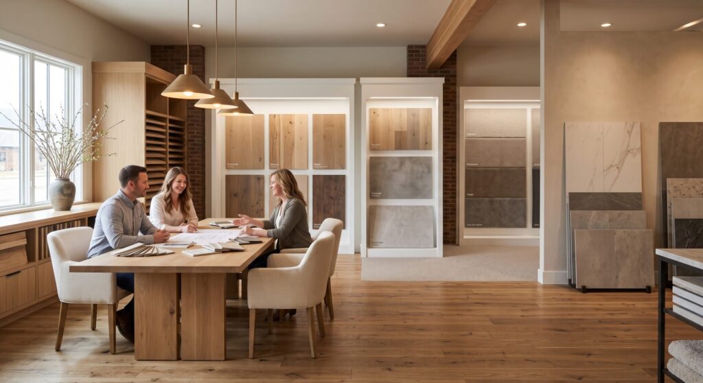 Upscale Pierce Flooring Missoula showroom with engineered hardwood, SPC, carpet, tile, and natural-stone displays surrounding a design consultation area.
