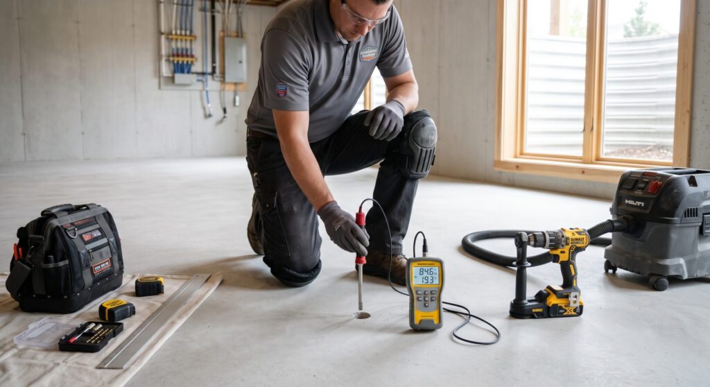 Flooring professional performing an in-situ relative humidity probe test on a concrete basement slab before installing flooring in Billings, Montana.