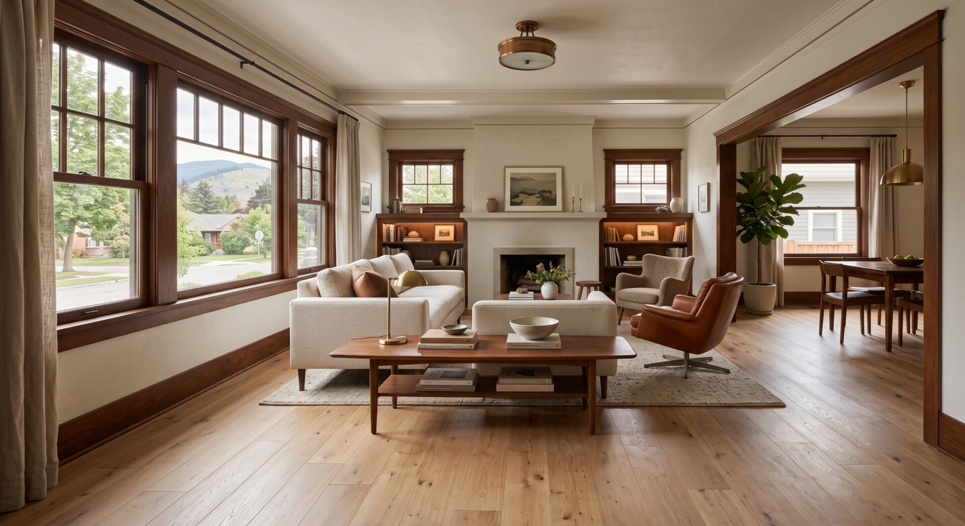 Renovated 1940s Craftsman bungalow in Missoula’s University District with natural engineered hardwood flooring, restored woodwork, custom built-ins, and warm afternoon light.