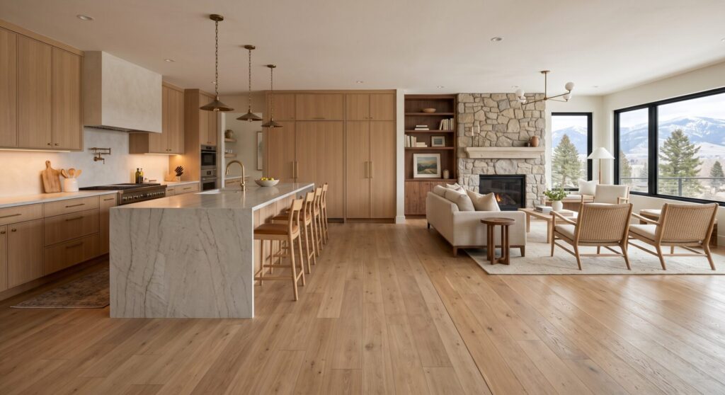 Renovated Missoula ranch home with durable SPC flooring in the custom kitchen and natural engineered hardwood in the connected living room.