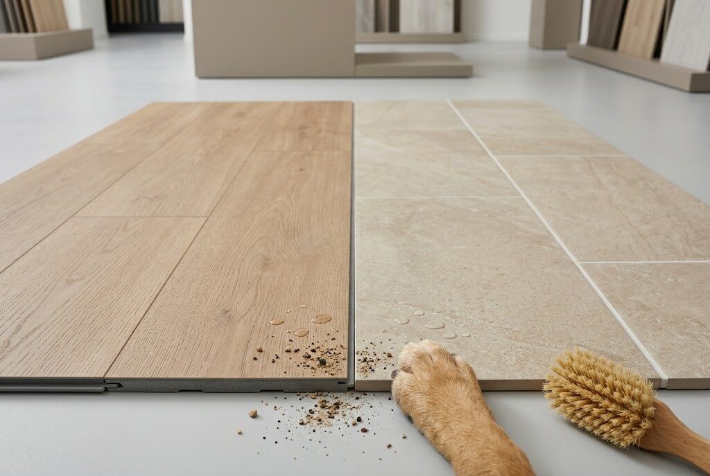 Side-by-side comparison of scratch-resistant SPC luxury vinyl plank and slip-resistant porcelain tile for Montana pet households.