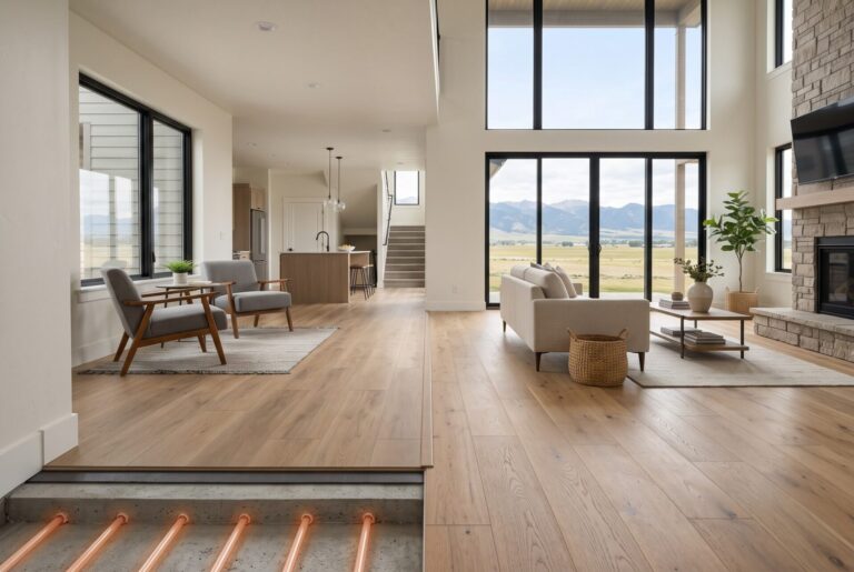 Engineered hardwood and SPC luxury vinyl plank compared inside a Bozeman new-construction home with radiant heat.