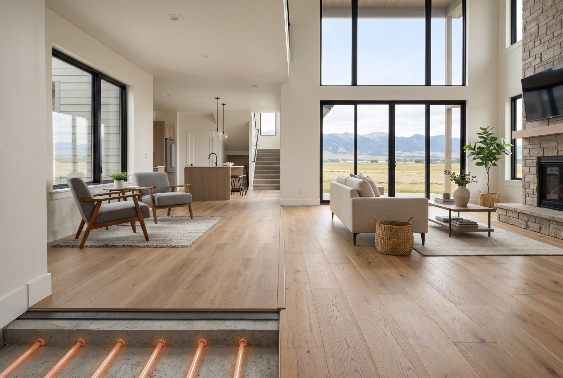 Engineered hardwood and SPC luxury vinyl plank compared inside a Bozeman new-construction home with radiant heat.