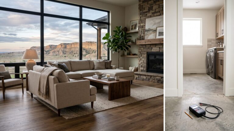Billings, Montana living room with SPC luxury vinyl plank flooring in natural light, with a subfloor moisture meter visible in the adjacent utility space