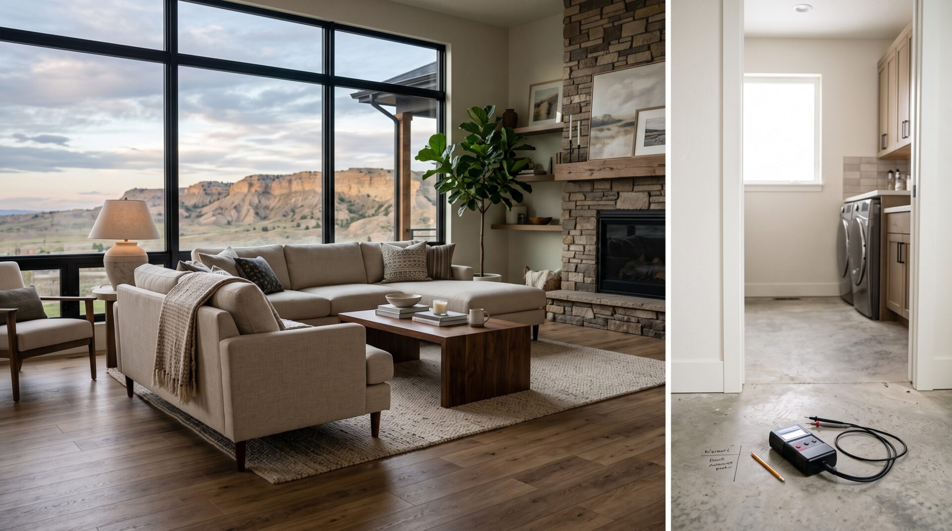 Billings, Montana living room with SPC luxury vinyl plank flooring in natural light, with a subfloor moisture meter visible in the adjacent utility space