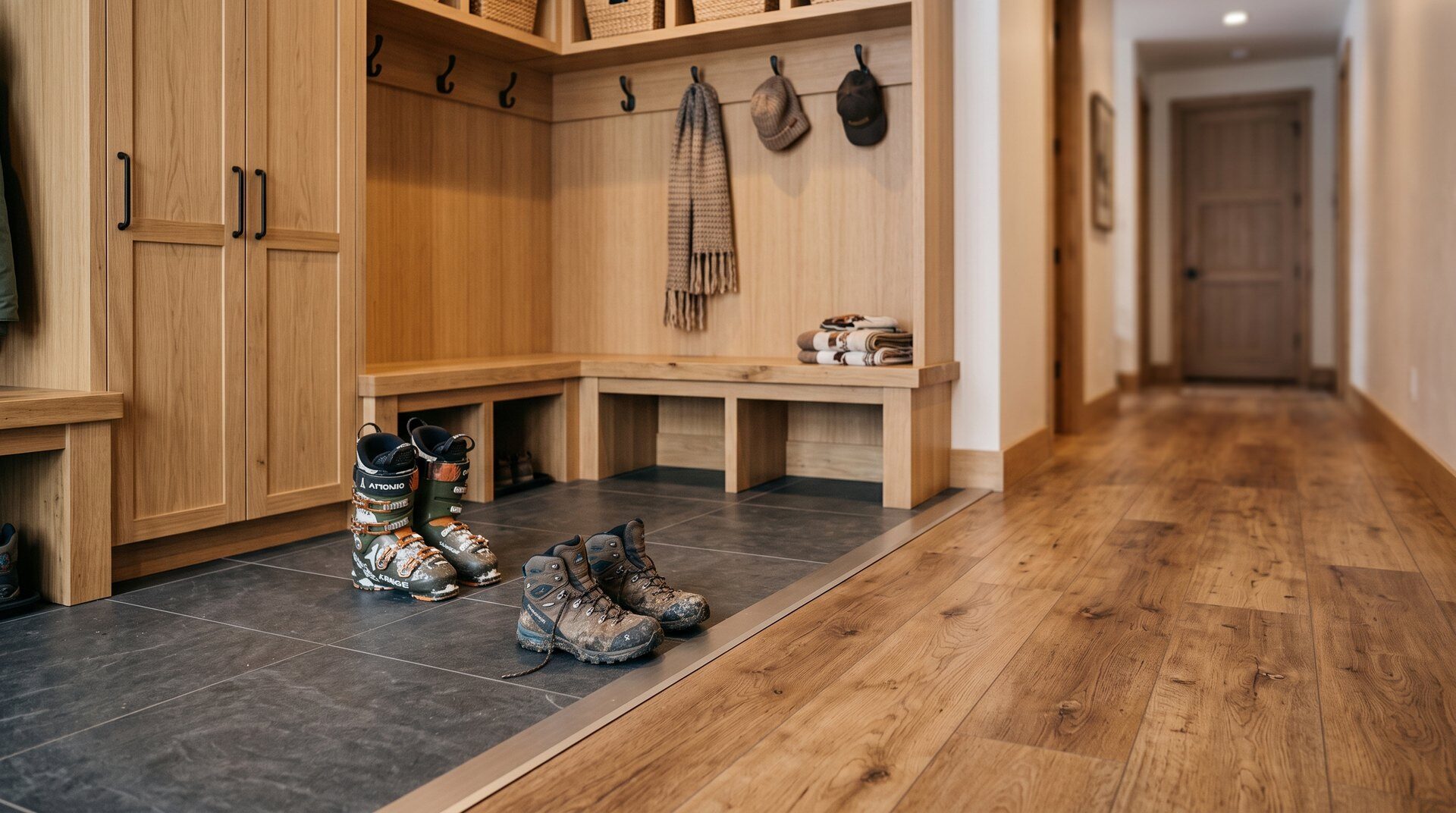 Bozeman mudroom design with bench and storage showing large-format matte porcelain tile floor and SPC LVP transition into adjacent hallway, warm interior lighting