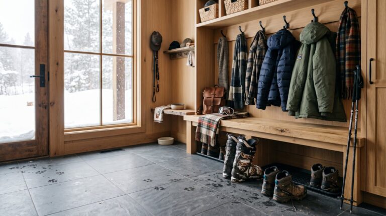Montana mudroom with large-format matte porcelain tile flooring, ski boots and hiking gear on bench, wet dog paw prints, natural winter light from exterior window