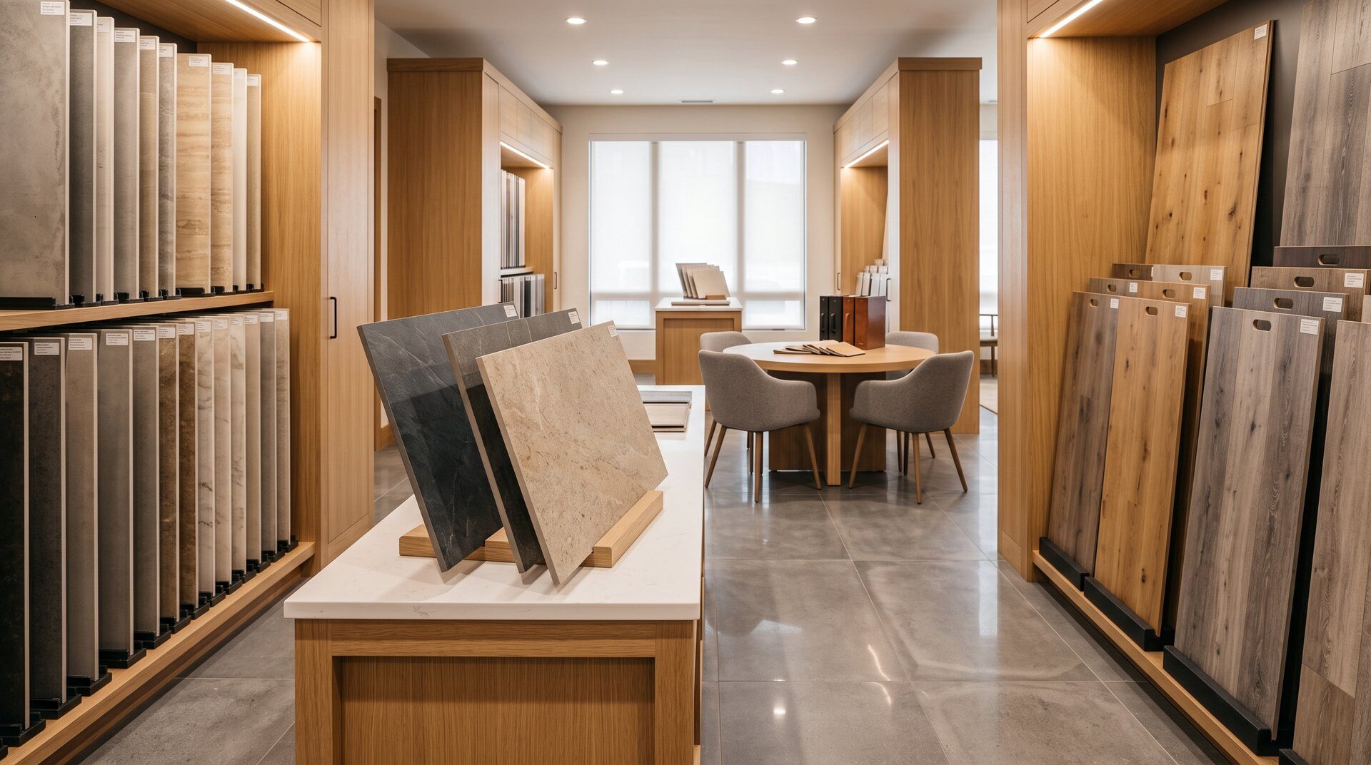 Pierce Flooring Bozeman showroom on West Main Street interior showing freeze-thaw rated porcelain tile and SPC flooring samples with design consultation area