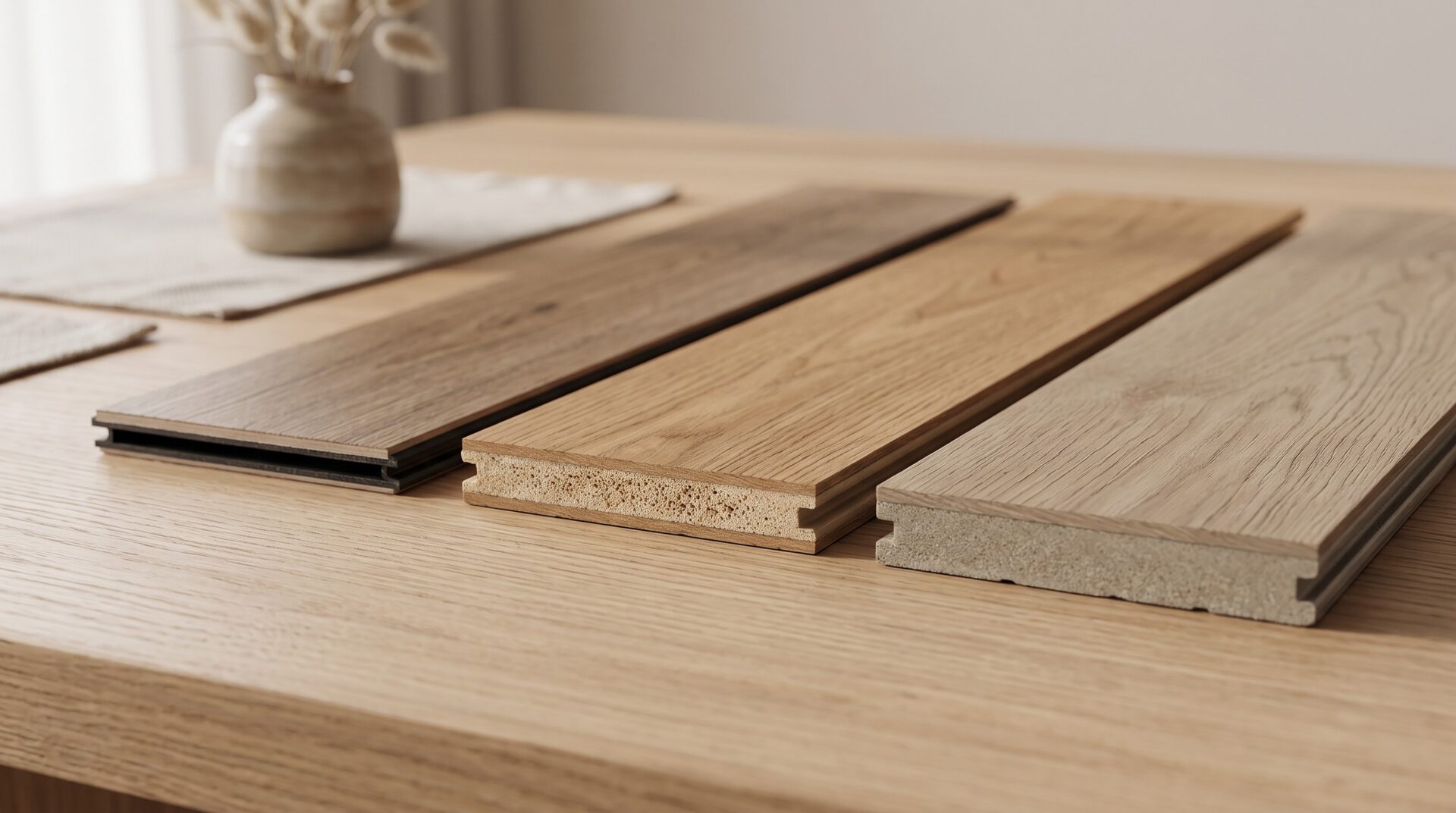 Cross-section comparison of standard flexible-core LVP, WPC core, and SPC rigid limestone core luxury vinyl plank showing Montana application suitability