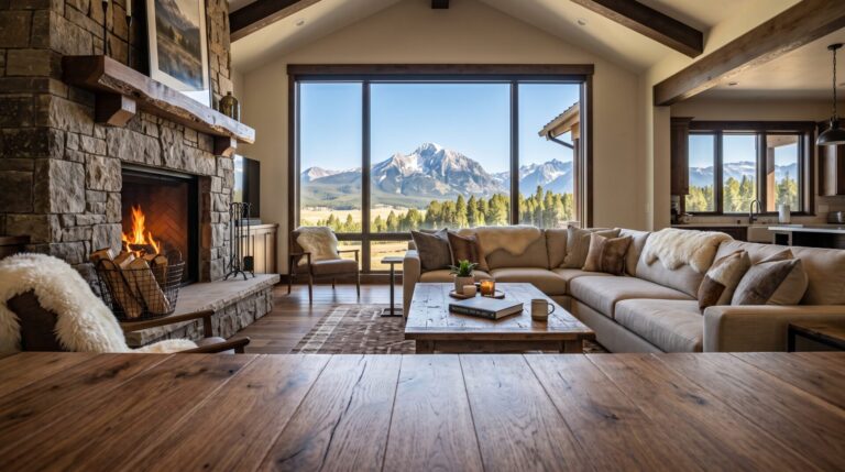 New construction ranch home in the Madison Valley near Ennis Montana with wide-plank engineered hardwood flooring in great room, Sphinx Mountain visible through picture window