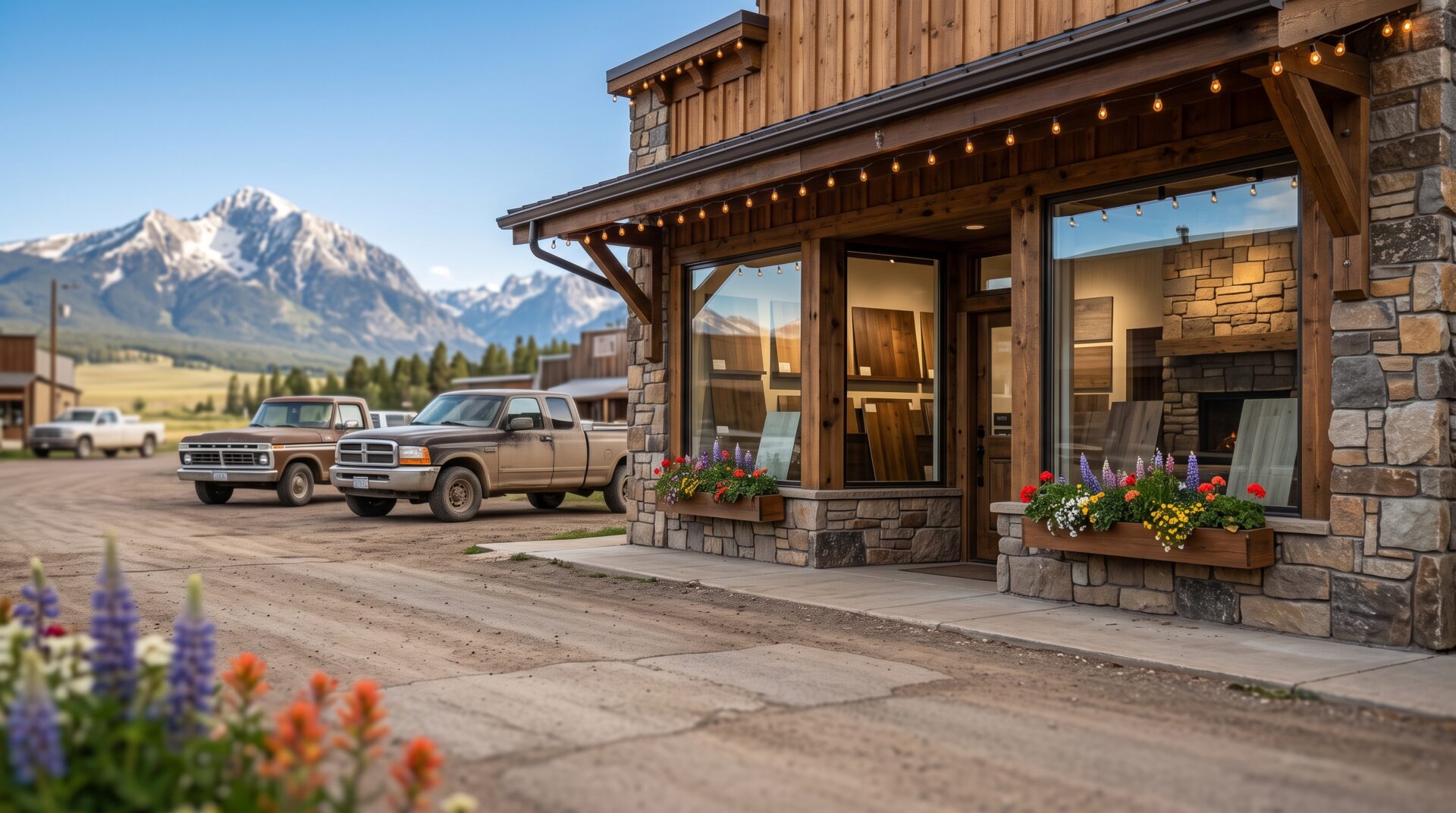 Pierce Flooring Ennis showroom at 222 East Main Street exterior, Ennis Montana, Madison Valley mountains visible in background on a clear day