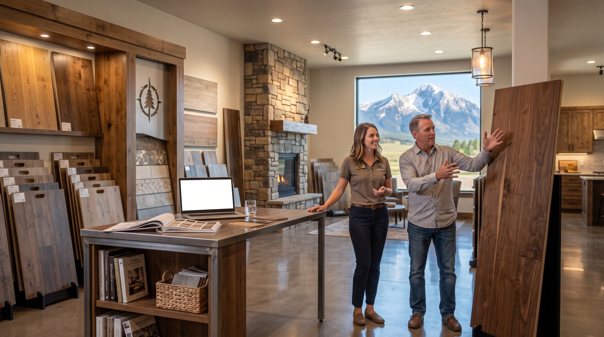 Pierce Flooring Ennis showroom interior with engineered hardwood and LVP samples on display, flooring specialist at consultation desk, Madison Valley mountain view