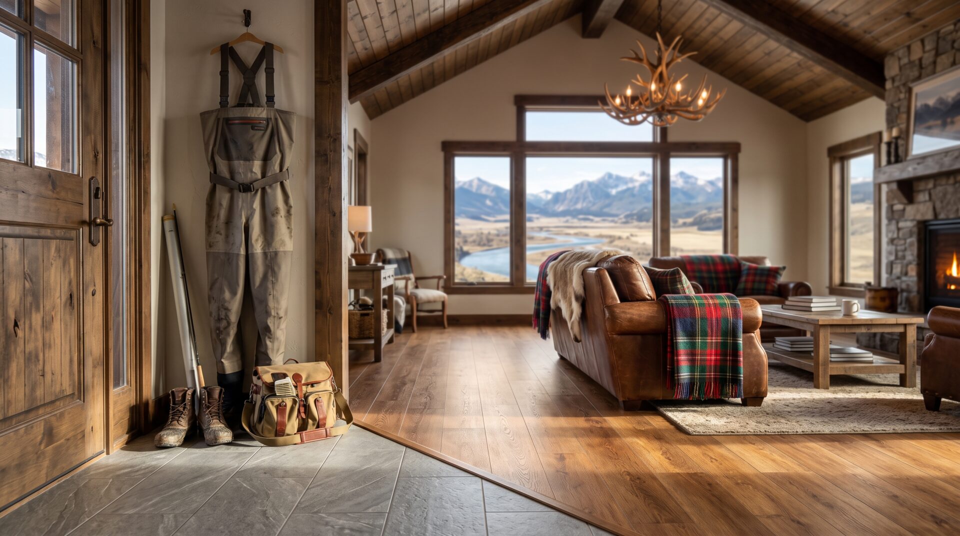 Ennis Montana vacation cabin interior with SPC LVP flooring in great room and porcelain tile in mudroom entry, fly fishing gear at door, Madison River valley visible