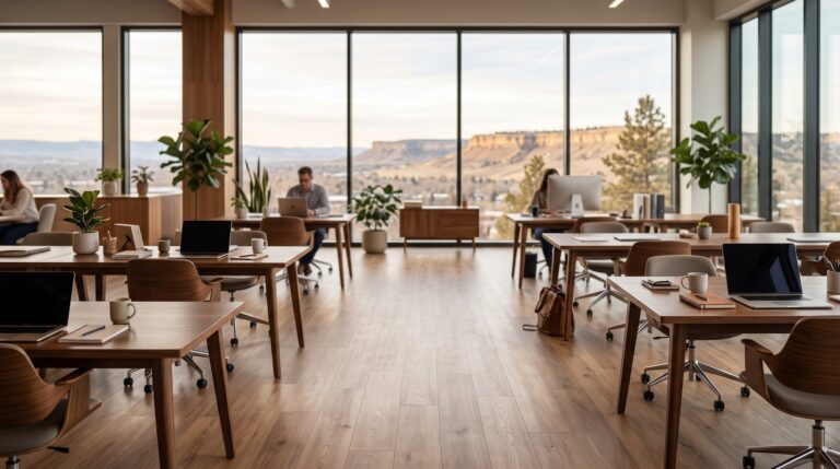 Commercial LVP flooring in an open-plan Billings Montana office with Rimrock views