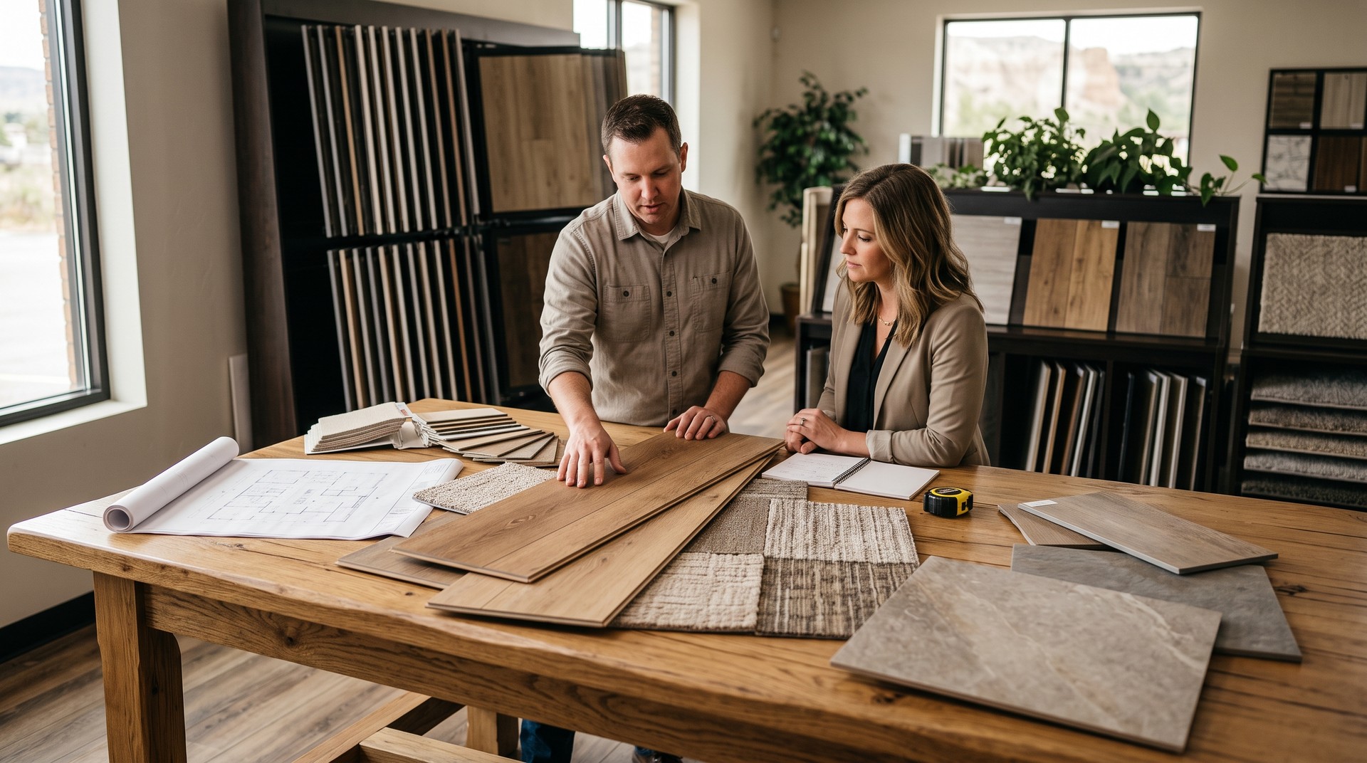 Pierce Flooring Billings commercial team reviewing commercial flooring samples with a property manager at the King Avenue West showroom