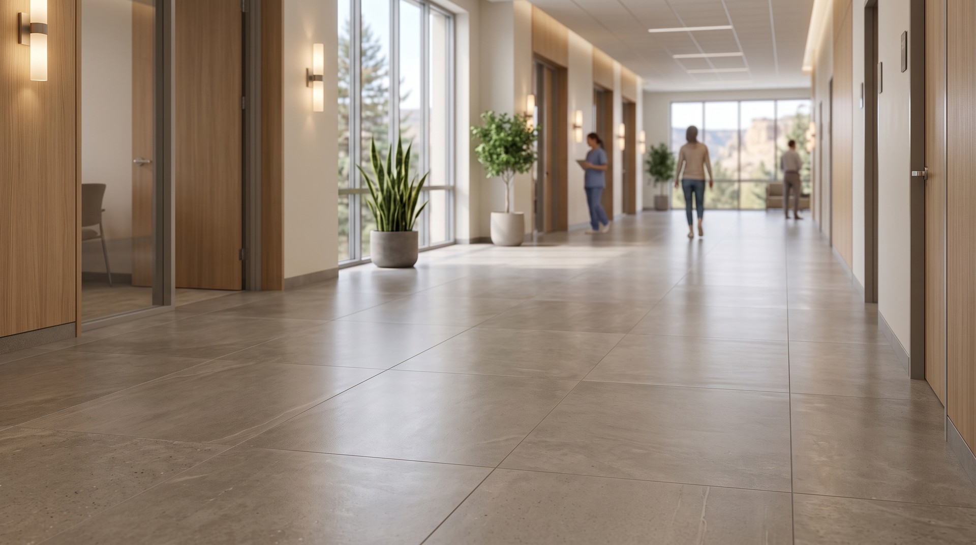 Rectified porcelain tile corridor with minimal grout lines in a Billings Montana commercial facility